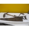 Image 2 : WOODEN CRATE W/METAL HANDLED SAW, CRANK HANDLE, ETC.