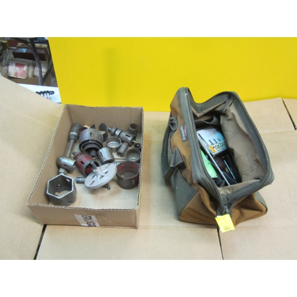 BOX OF WHOLE SAWS & BAG OF MISC. TOOLS