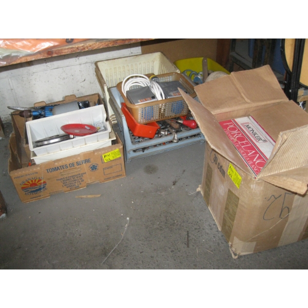 LG. LOT OF MISC. CERAMIC TILES, 2 - 20V TRANSFORMERS, ASST. TOOLS, ETC.