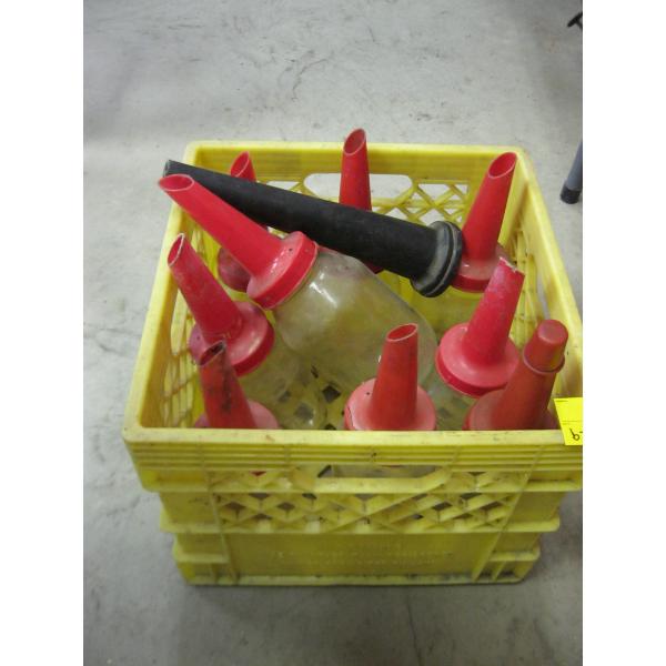 9 GLASS OIL JARS W/PLASTIC SPOUTS