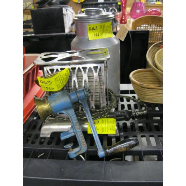 VINTAGE ALUMINUM MILK CAN, FOLD OUT TOASTER & GRINDER