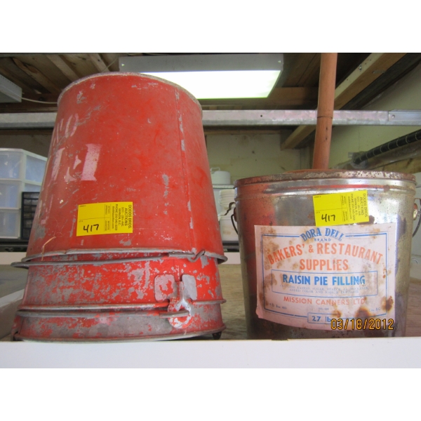 3 FIRE BUCKETS & A PIE FILLING TIN W/PLUNGER