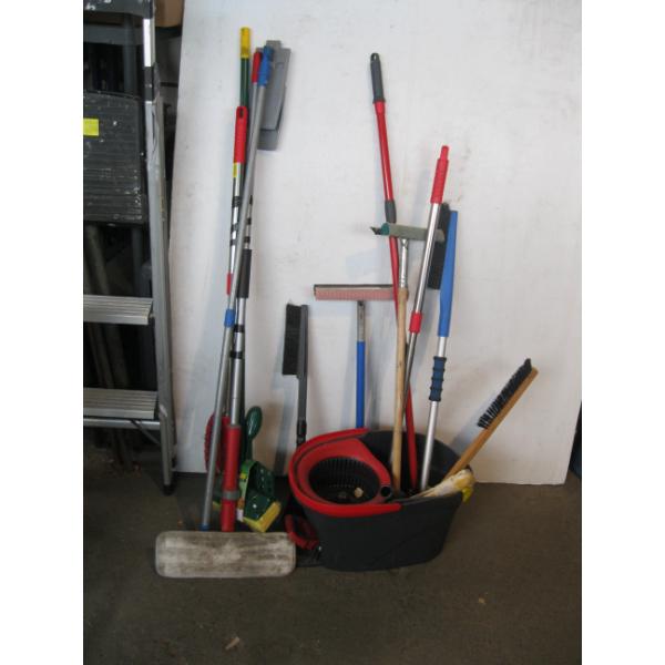 MOP BUCKET W/ASST. MOPS, SNOWBRUSHES, SQUEEGEES, ETC.