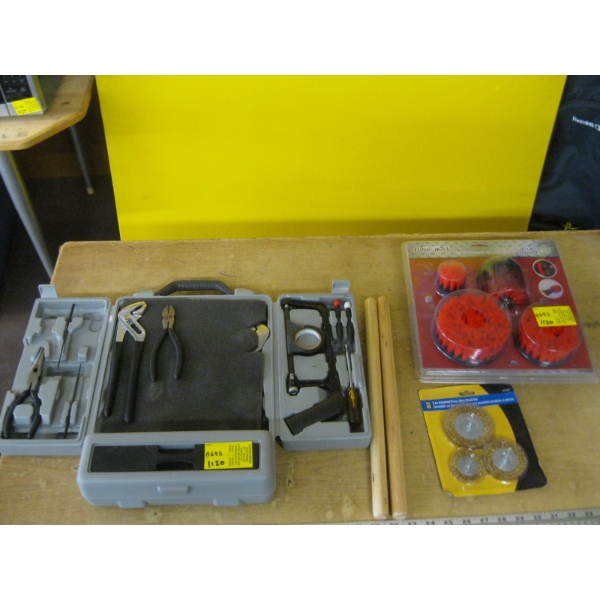 DRILL BRUSH SET, WIRE BRUSH SET & A CASED TOOL KIT