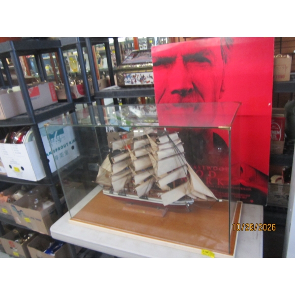 LG. WOODEN SAILING SHIP W/ GLASS COVER