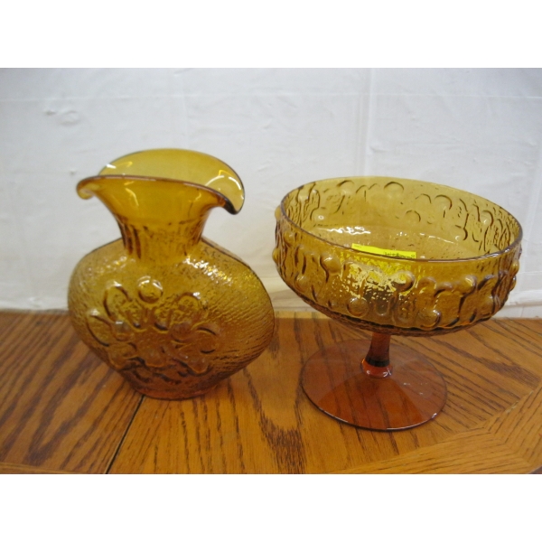 2 EMPOLI ANTIQUA SERIES AMBER GLASS - BOWL & VASE