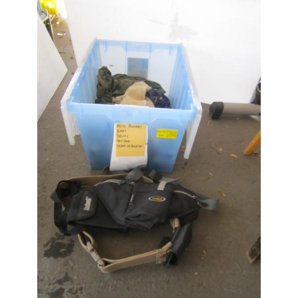 BIN OF MISC. BELTS, DRY BAGS, LEATHER CONTAINERS, GUN SCABBARD, ETC.