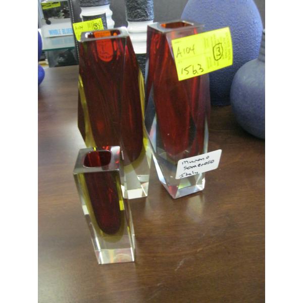 3 MURANO SOMMERSO ITALY GLASS VASES