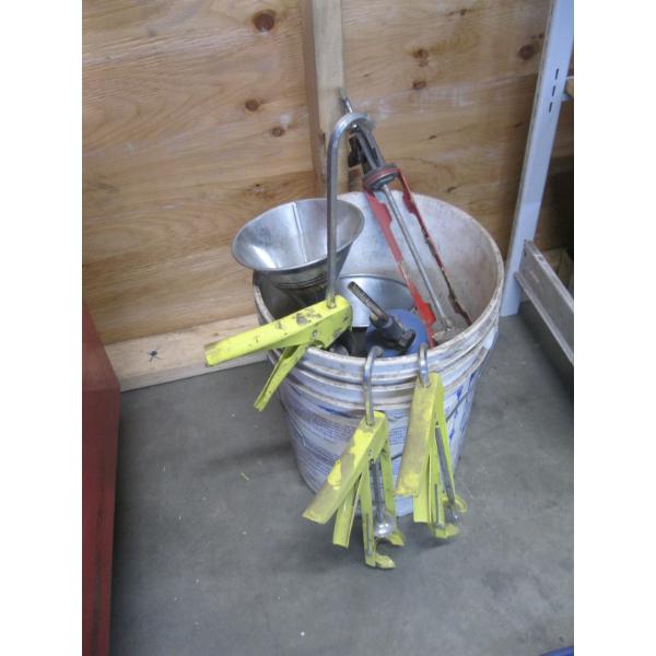 BUCKET OF ASST. SOCKETS, FUNNELS, CAULKING GUNS, ETC.