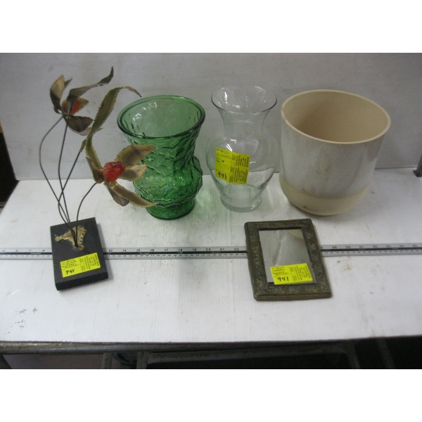 3 VASES, SM. MIRROR & A COPPER FLOWER