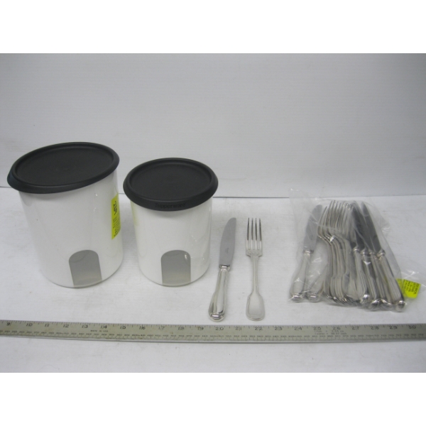 CHRISTOFLE CHINON SILVERPLATE KNIVES & FORKS & A TUPPERWARE CONTAINER