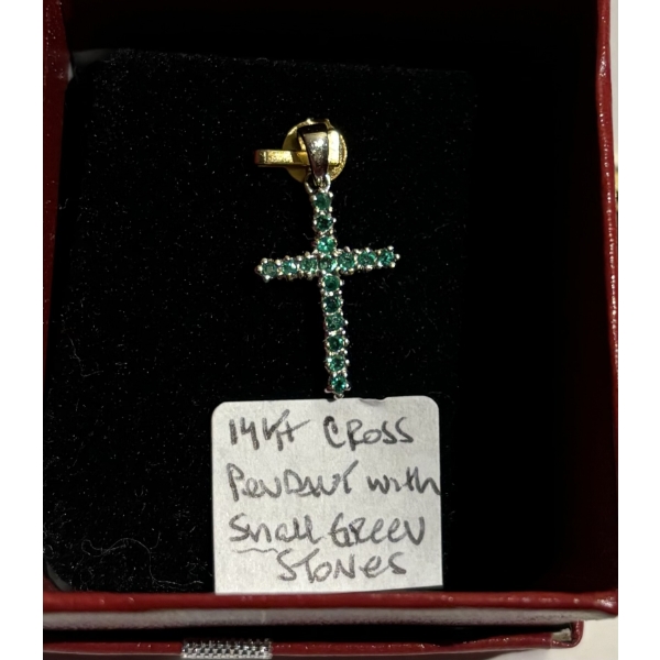 14KT CROSS PENDANT W/SMALL GREEN STONES