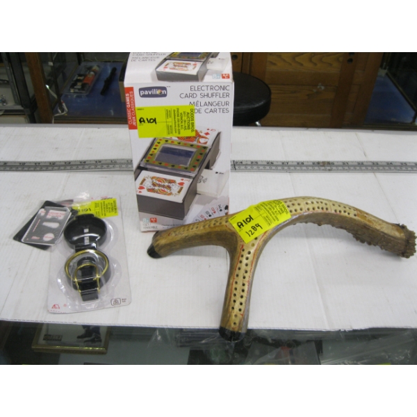 HORN CRIB BOARD, A CARD SHUFFLER & A COMPASS