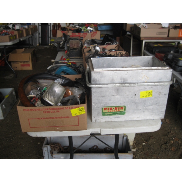 ALUMINUM BOX & A BOX OF MISC. LIGHTS, MIRRORS, ELECTRICAL, ETC.