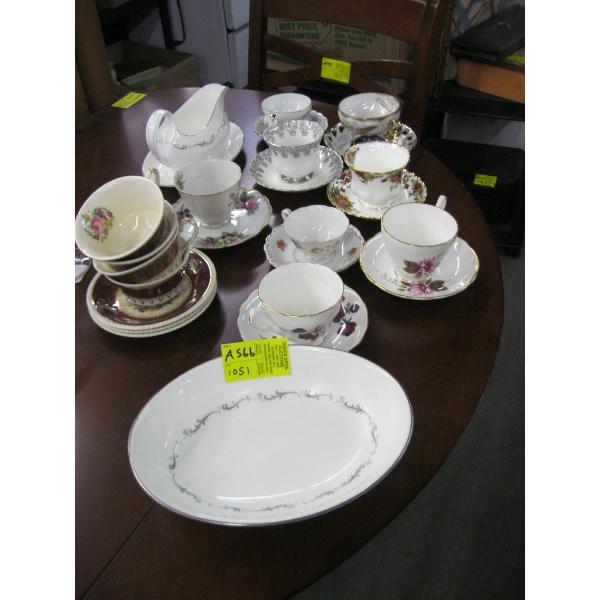 LG. LOT OF ASST. TEACUPS/SAUCERS, GRAVY BOAT, ETC.