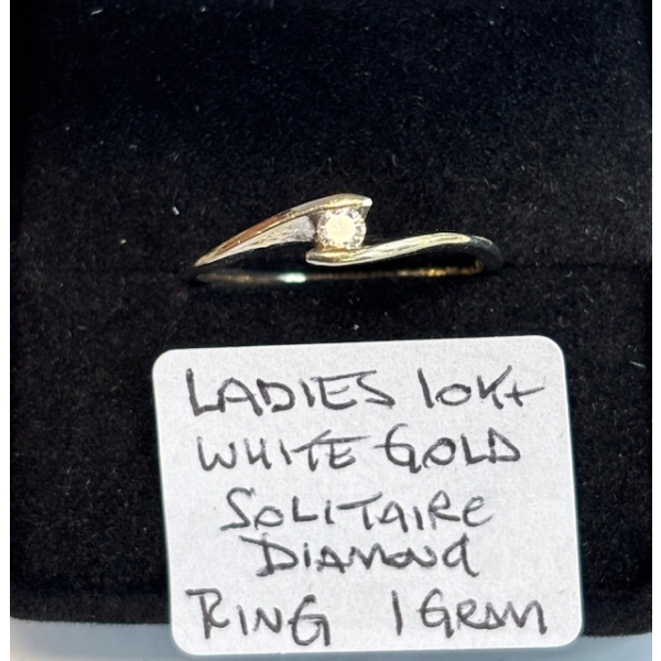 LADIES 10KT WHITE GOLD SOLITAIRE DIAMOND RING, SZ 7 3/4