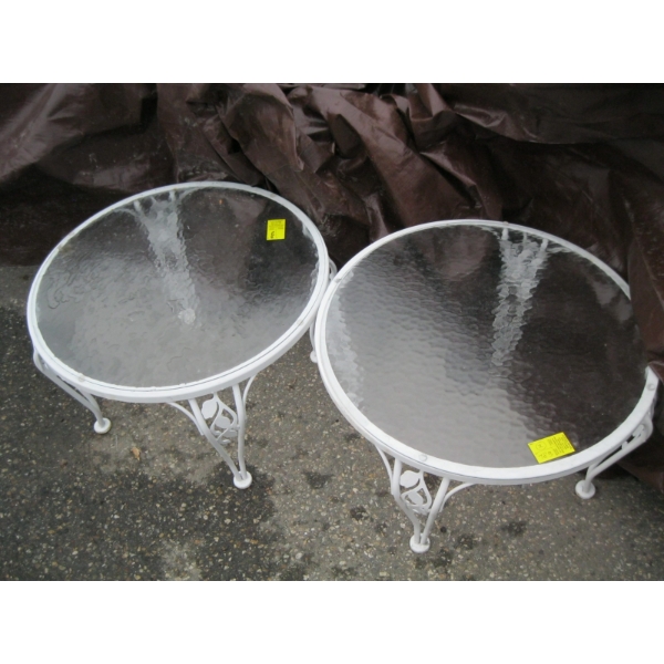 PAIR OF ROUND GLASS TOP END TABLES