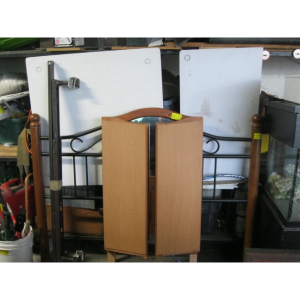 DRESSER, 3 PIECE PINE MIRROR & PINE & METAL Q/S HEADBOARD W/ROLLER FRAME