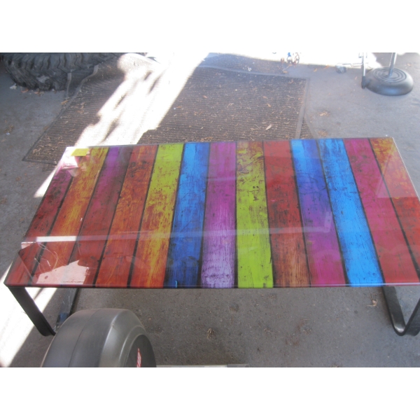 METAL BASED COLORED GLASS COFFEE TABLE