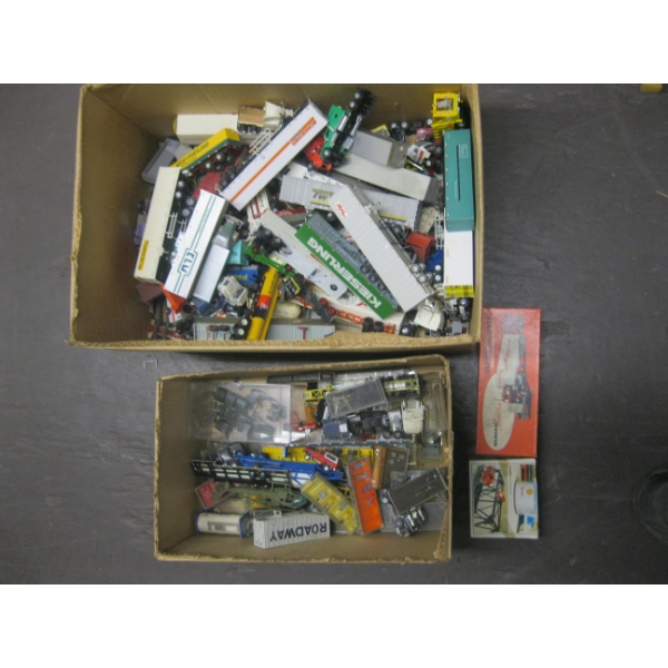 2 BOXES OF MISC. TRUCKS, PEOPLE, HELICOPTERS, TRAILERS, ETC. FOR HO 