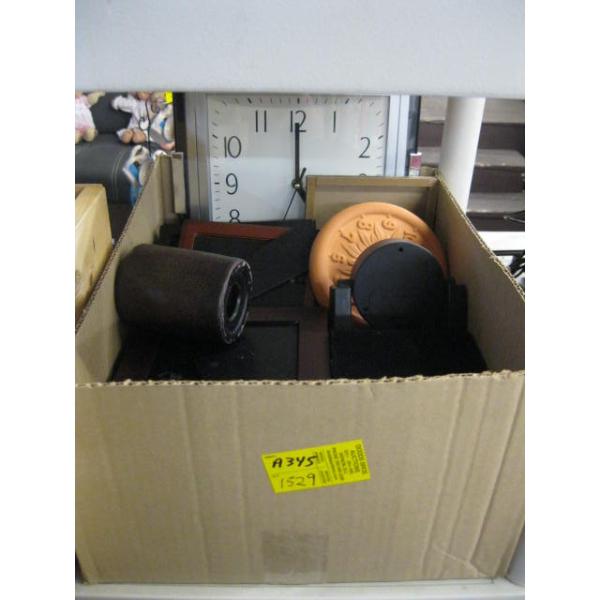 BOX OF MISC: PICTURE FRAMES, CLOCKS, ETC.