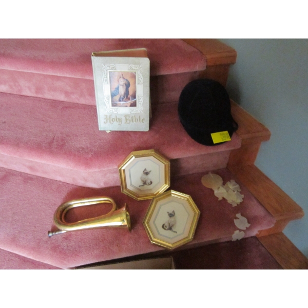 MISC. BUGLE, RIDING HAT, PICTURES, BIBLE, ETC.