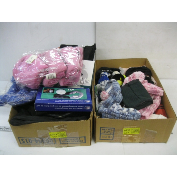 2 BOXES OF MISC. GOLFING ITEMS - HEAD COVERS, BALLS, BAGS, ETC.