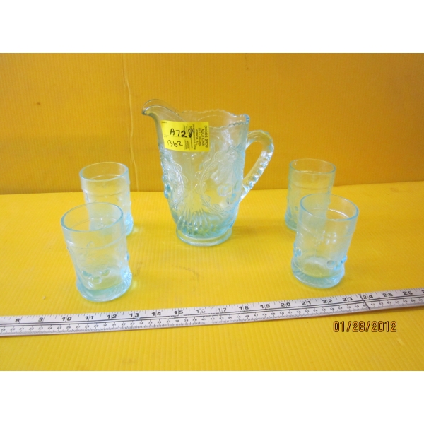 BLUE GLASS PITCHER W/4 GLASSES