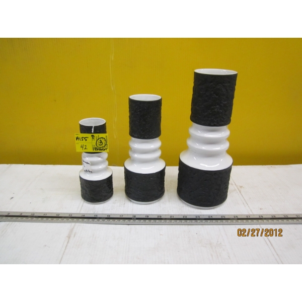 3 WEST GERMAN KPM BLACK & WHITE VASES - 1 IS CRACKED