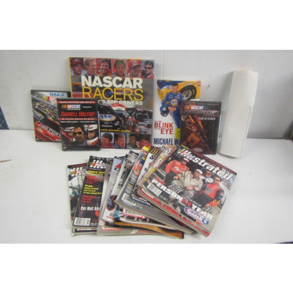STACK OF NASCAR RACING MAGAZINES, BOOKS, POSTERS, DVDs