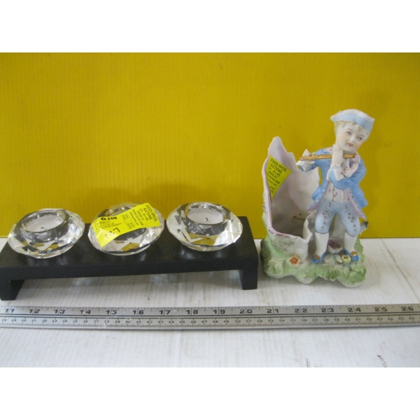 CRYSTAL CANDLE HOLDER & PIPER FIGURINE