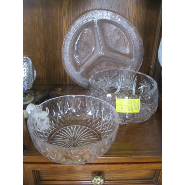 2 CRYSTAL BOWLS & DIVIDED PLATE