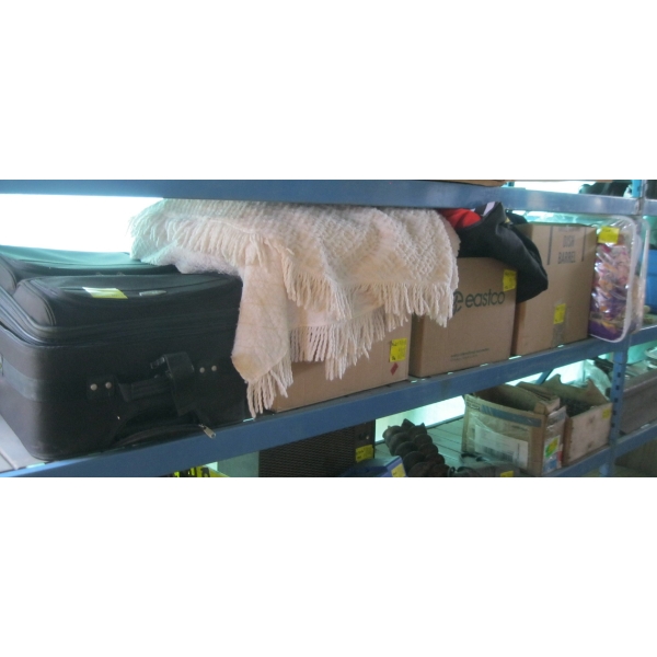 LG. LOT OF MISC. BLANKETS, SUITCASE, LAMPSHADES, ETC.