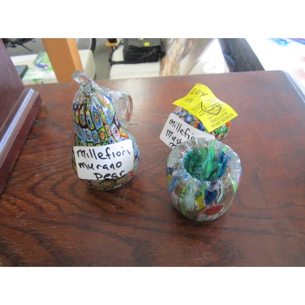3 MILLEFIORI MURANO GLASS ITEMS - PEAR, MUSHROOM & SMALL CANDLEHOLDER