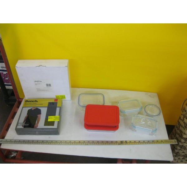 MISC. LIDDED CONTAINERS, MENs V-NECK TSHIRTS (SZ M) & WALL MOUNT MIRROR