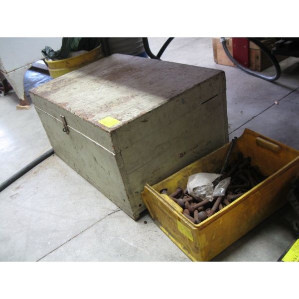 CONTAINER OF LG. BOLTS & WOODEN BOX W/MISC. RAILWAY RATCHET TOOLS, ETC.