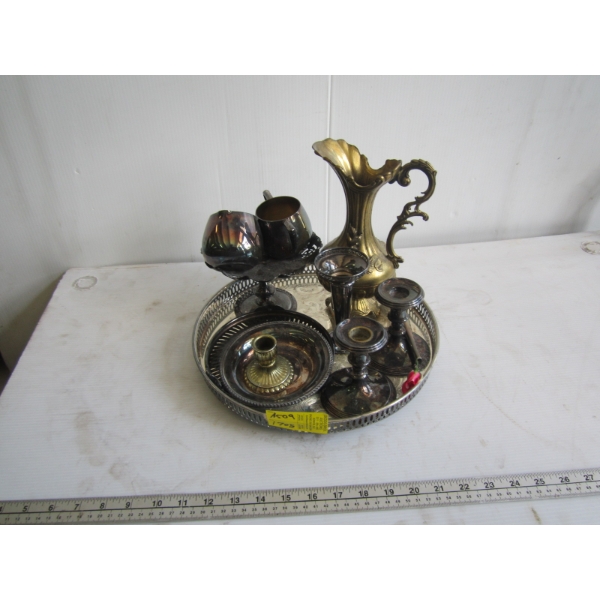 TRAY OF SILVER PLATED CANDLEHOLDERS, ETC.