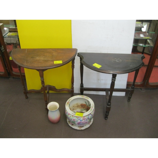 2 HALF MOON OCCASIONAL TABLES & CERAMIC POTS