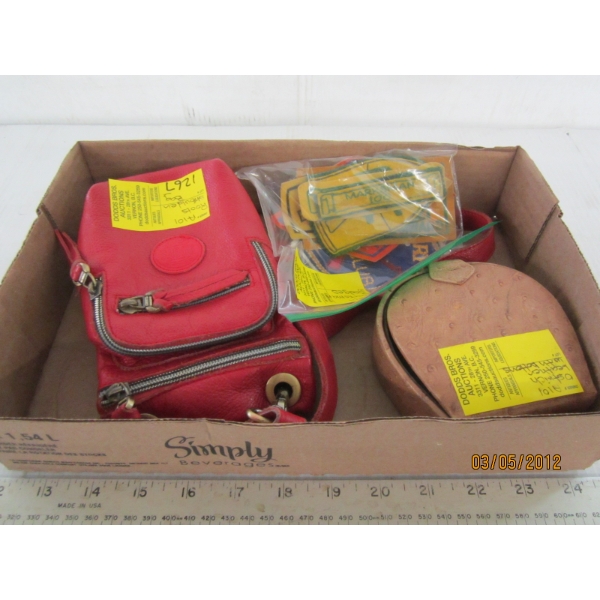 ROOTS SHOULDER BAG, OSTRICH LEATHER CONTAINER & A MARKSMAN BADGES