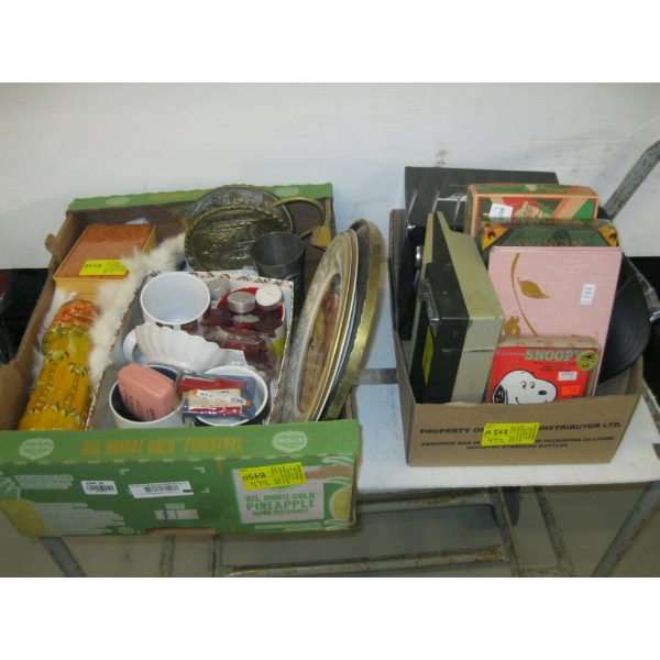 2 BOXES OF MISC. CANDLES, PLATES, BOOKS, ETC.