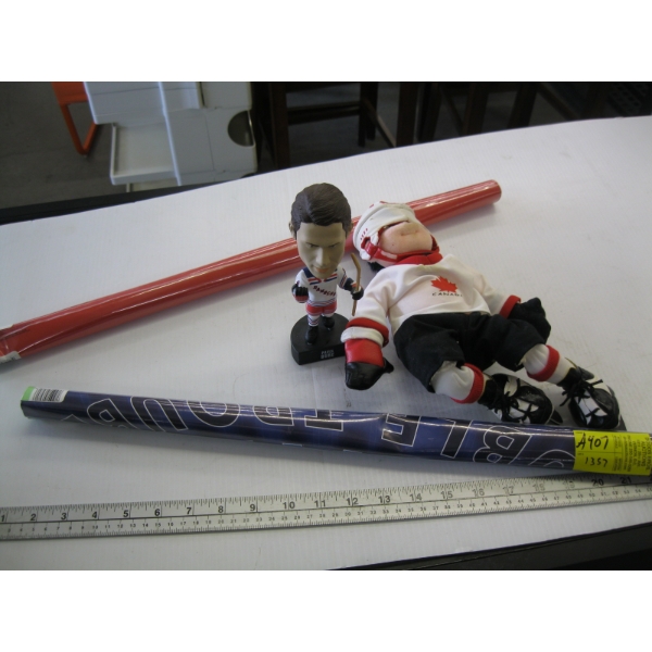 BASEBALL BAT, HOCKEY FIGURINES, ETC.