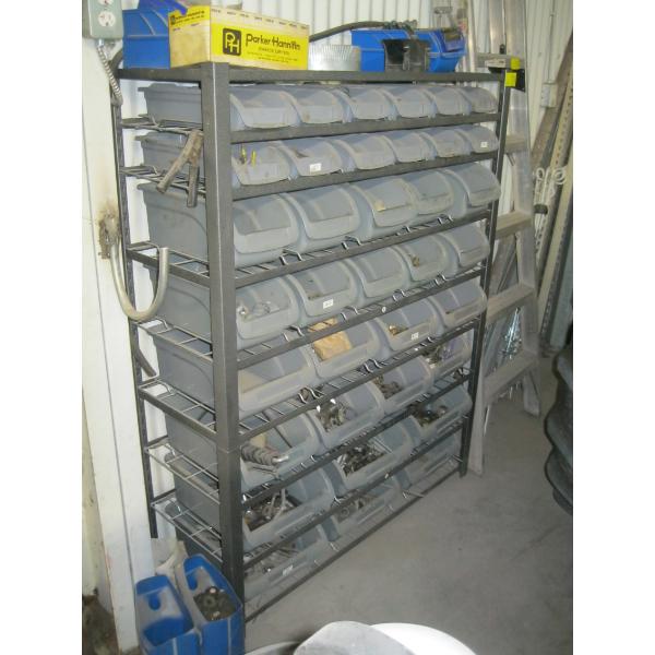 LARGE MULTI-SHELF RACK W/ASST'D GREY TUBS W/CONTENTS - BOLTS, FITTINGS, ETC.