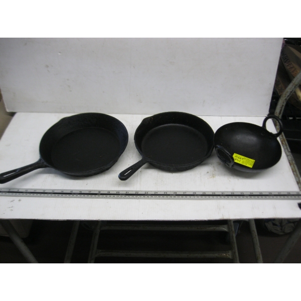 2 CAST IRON POTS & A SM. CAST IRON BOWL W/HANDLES