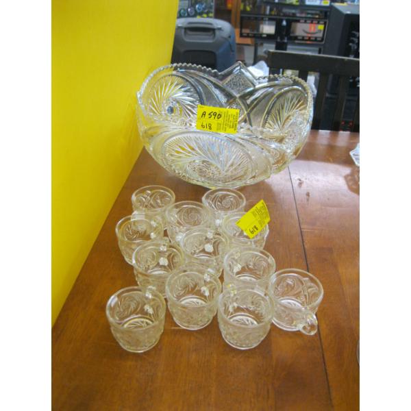 PUNCHBOWL W/12 GLASSES & HOOKS
