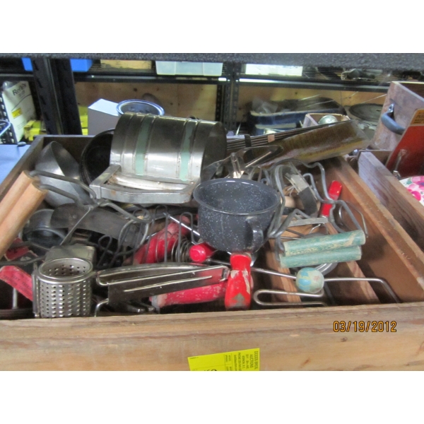 WOODEN TRAY OF MISC. VINTAGE UTENSILS, SIFTER, ETC.