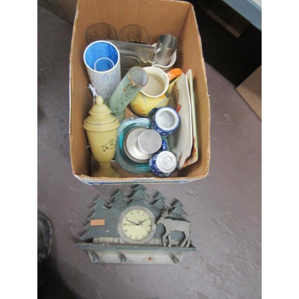 2 BOXES OF MISC. COLLECTABLES, CLOCK, GLASSWARE, VASES, ETC.