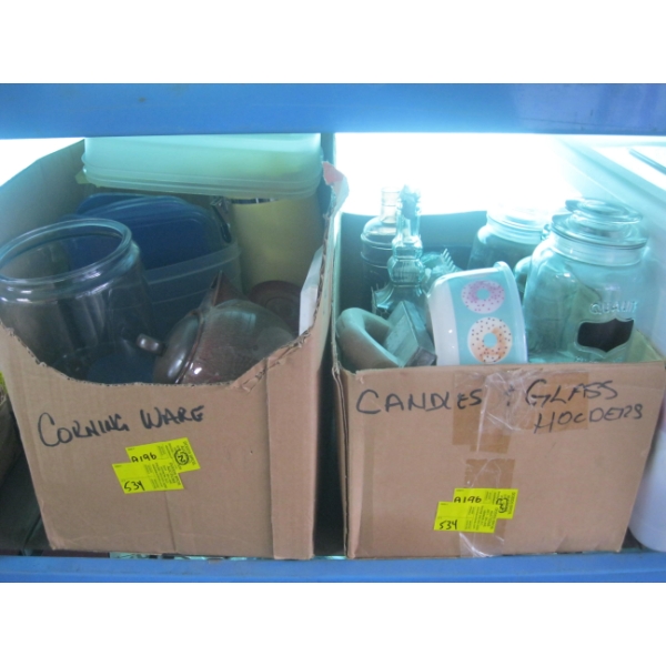 2 BOXES OF MISC. CANNISTERS, DECANTERS, PLASTICWARE, ETC.