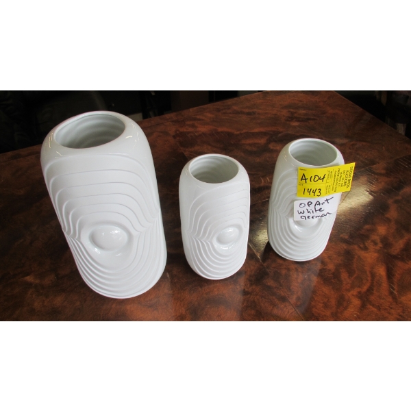 3 OP ART WHITE GERMAN PORCELAIN MCM VASES