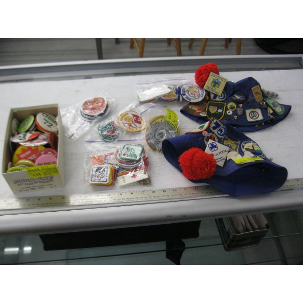 COLLECTION OF ASST. GIRL GUIDE HATS, BUTTONS, CRESTS, ETC.