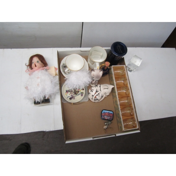 MISC. DOLL, CRYSTAL FIGURINE, GLASSES, ETC.